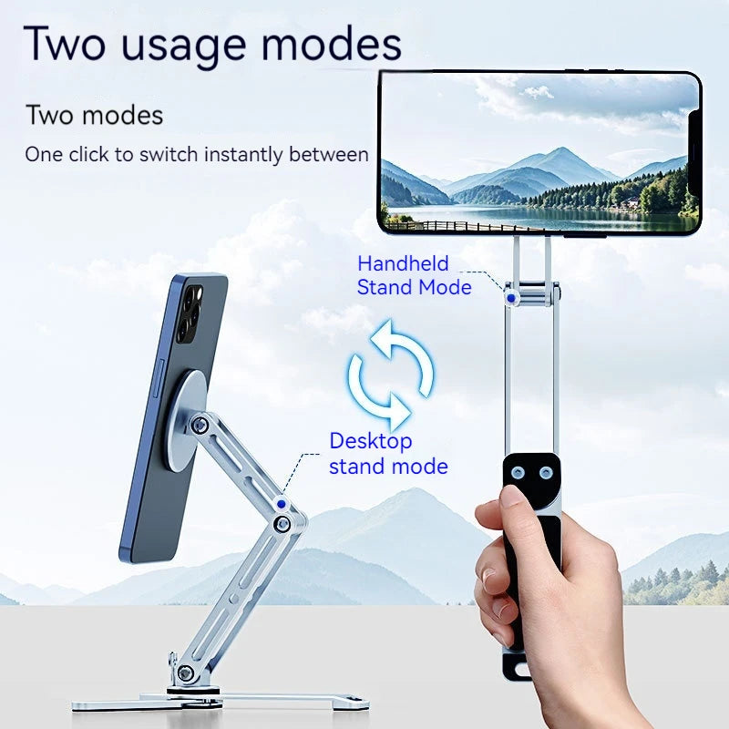2-in-1 Alloy Magnetic Phone Stand, Foldable 360 Rotation, Handheld & Desktop Dual Use, Universal Compatible with Phone & Tablet