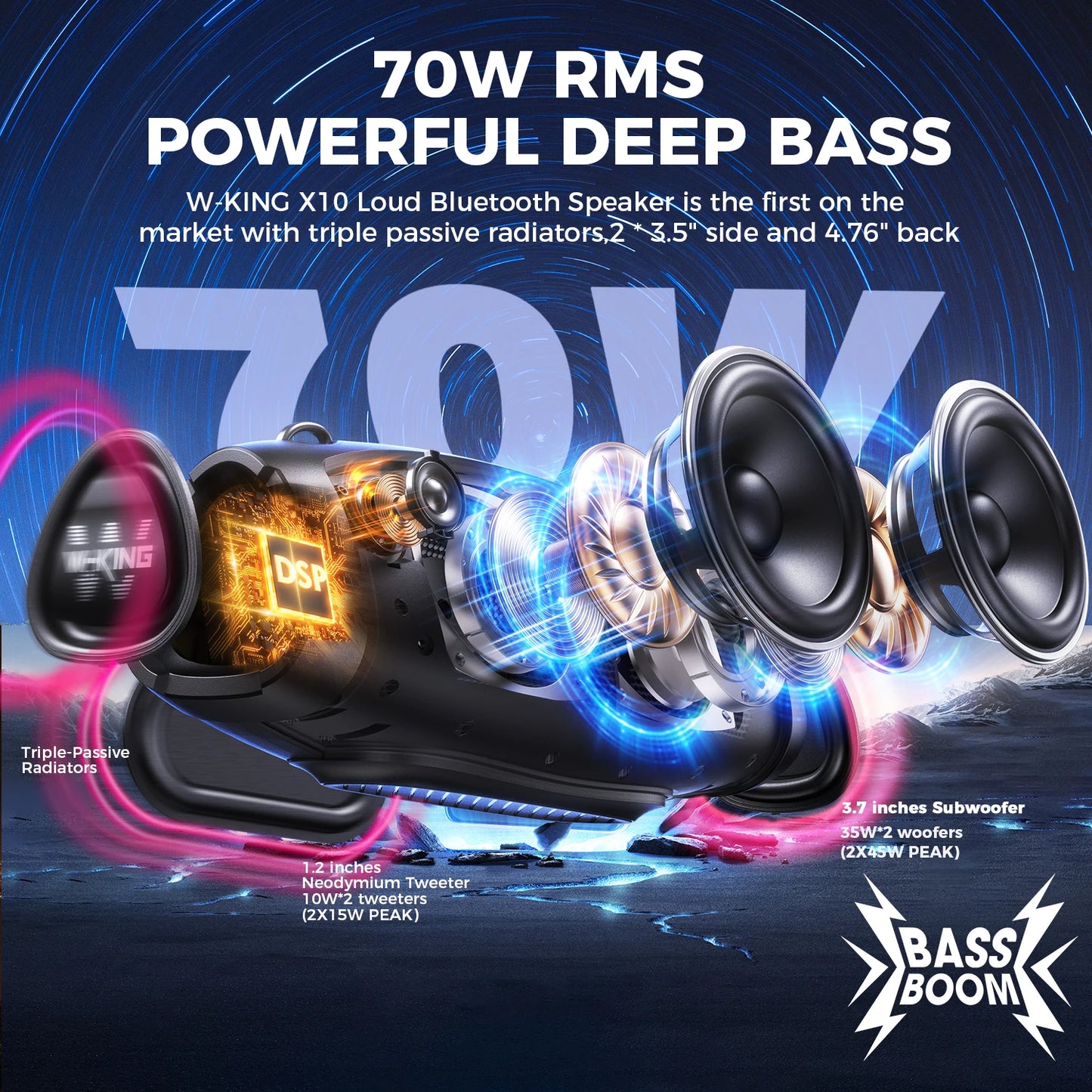 W-KING X10 Bluetooth Speaker, 120W Max Portable Loud Speakers Wireless Bluetooth Boombox, 70W IPX6 Waterproof Outdoor Party Large Big Speaker, Triple Passive Radiator/Subwoofers*2-Deep Bass/42H/TF/AUX/EQ