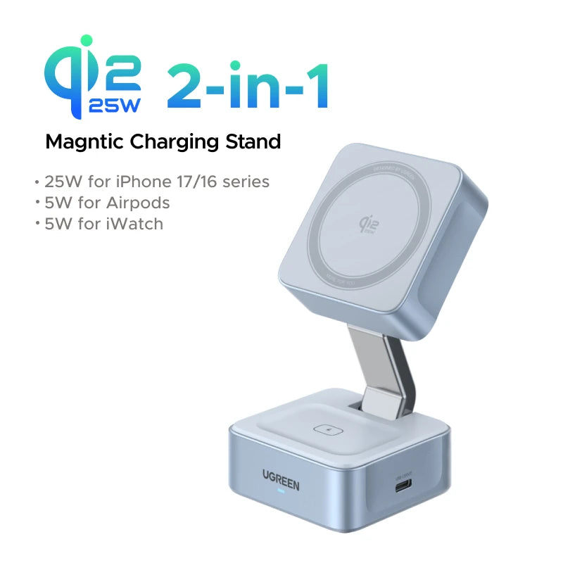 UGREEN Qi2.2 25W 15W 2-in-1 Magnetic Wireless Charger Stand Fast Charging Stand Charger For iPhone 16 17/AirPods Magflow Charger