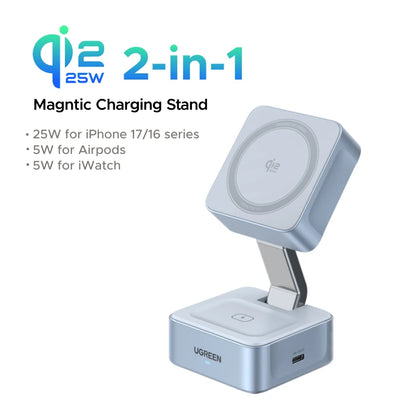 UGREEN Qi2.2 25W 15W 2-in-1 Magnetic Wireless Charger Stand Fast Charging Stand Charger For iPhone 16 17/AirPods Magflow Charger