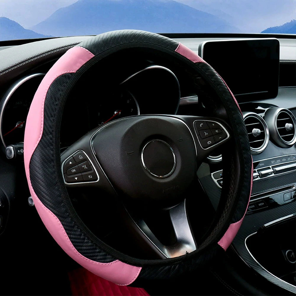 37-38cm Carbon Fiber Style PU Leather Steering Wheel Cover Universal Anti Slip Breathable for Car Interior Decoration