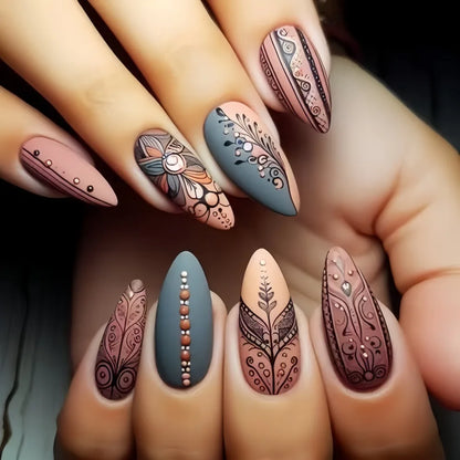24Pcs Autumn Winter Matte Almond False Nails with Glue Rose Leaf Printing Nail Art Simple Full Cover Press on Acrylic Nails Tips