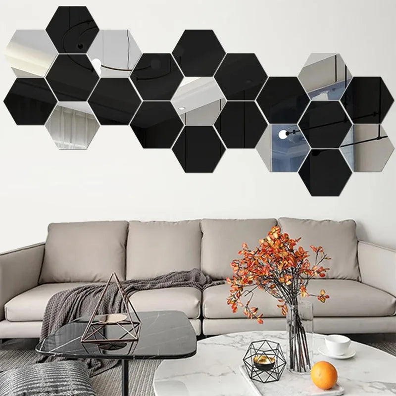 Hexagon Acrylic Mirror Wall Stickers – 6 or 12 Piece Set