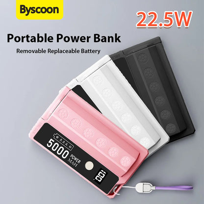 Byscoon Portable Power Bank 22.5W Fast Charging Removable Replaceable 21700 Battery (Not Included) for iPhone 16 15 Samsung