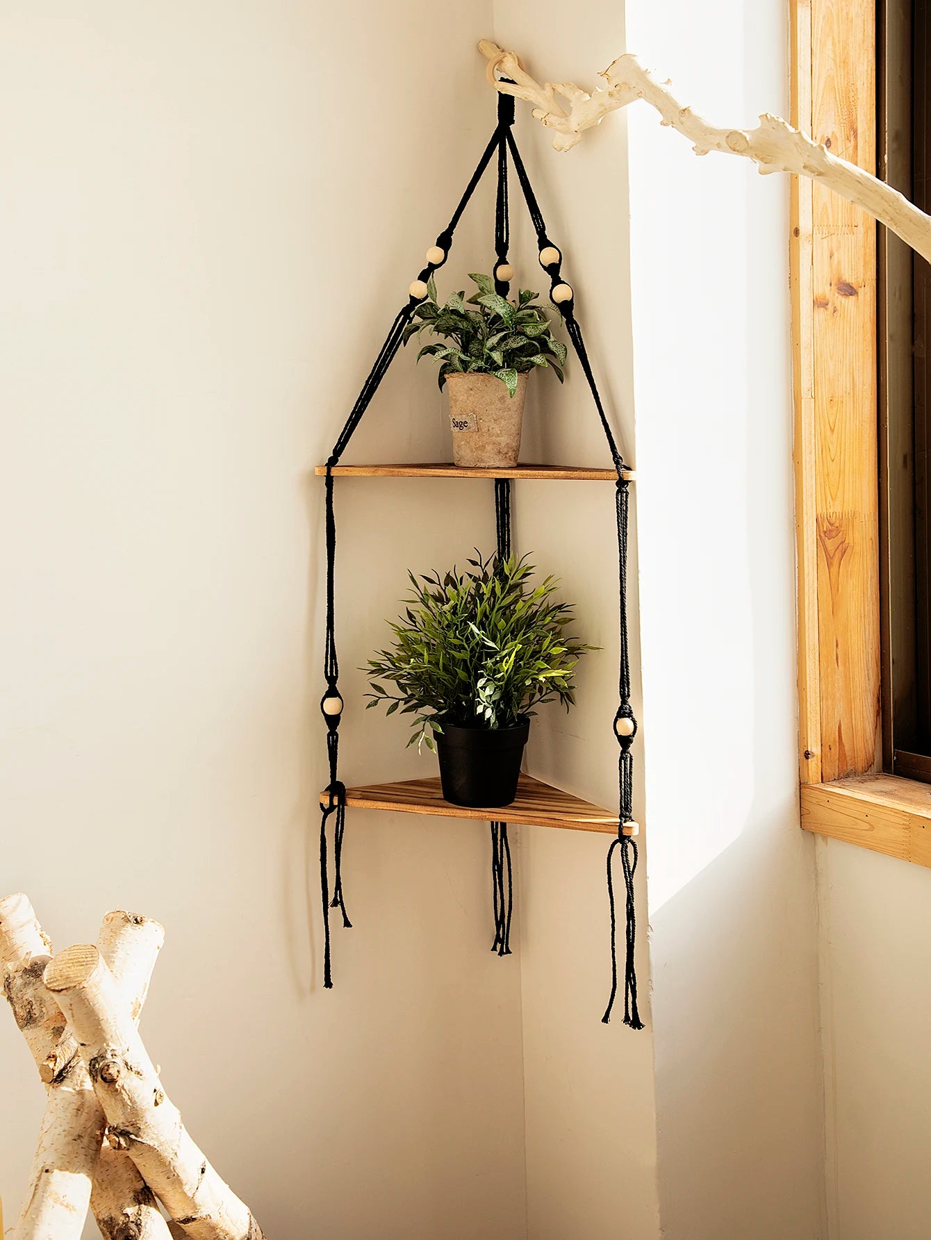 Wooden Floating Corner Shelf — Boho Wall Organizer
