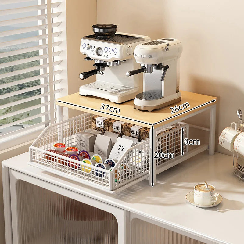 Metal and Wood Microwave Rack with Pull Out Drawer Multi Layer Countertop Kitchen Organizer for Coffee Maker Utensils and Tea