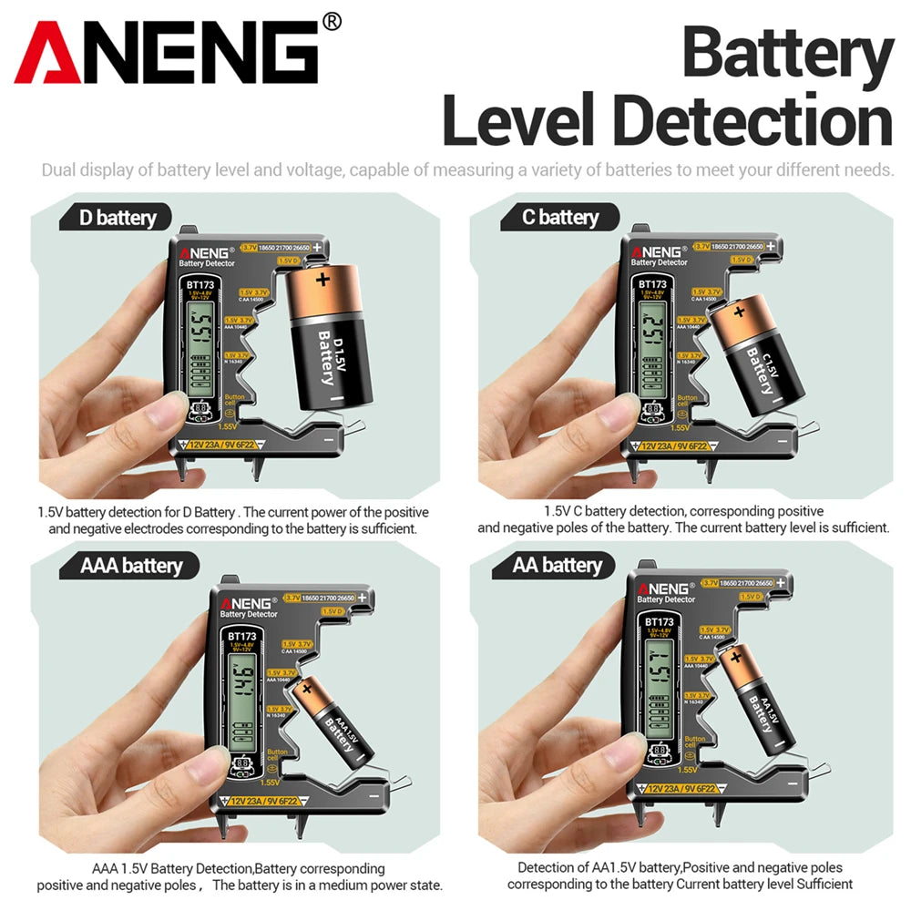 Universal Battery Tester ANENG BT173 Battery Detector Test C D AA AAA N 9V Cell Button Meter Visual Display Testing Tester Tools