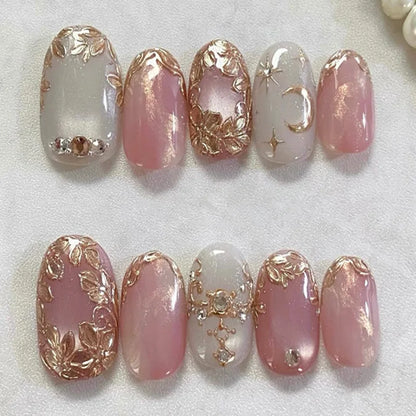 24Pcs Autumn Winter Matte Almond False Nails with Glue Rose Leaf Printing Nail Art Simple Full Cover Press on Acrylic Nails Tips