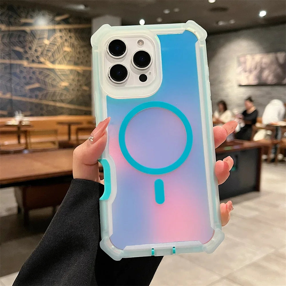 Luxury for Magsafe Laser Dazzling Armor Case For iPhone 16 Pro Max 15 Plus 14 13 Wireless Charging Dual Layer Protection Cover