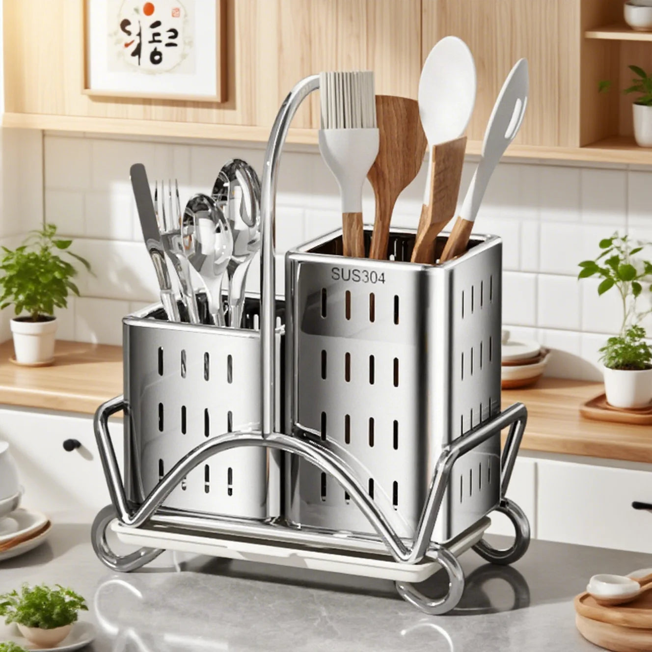 Kitchen Cutlery Organiser, Stainless Steel Utensil Holder for Spoon Fork Knife, Multifunctional Desktop Tableware Storage Rack
