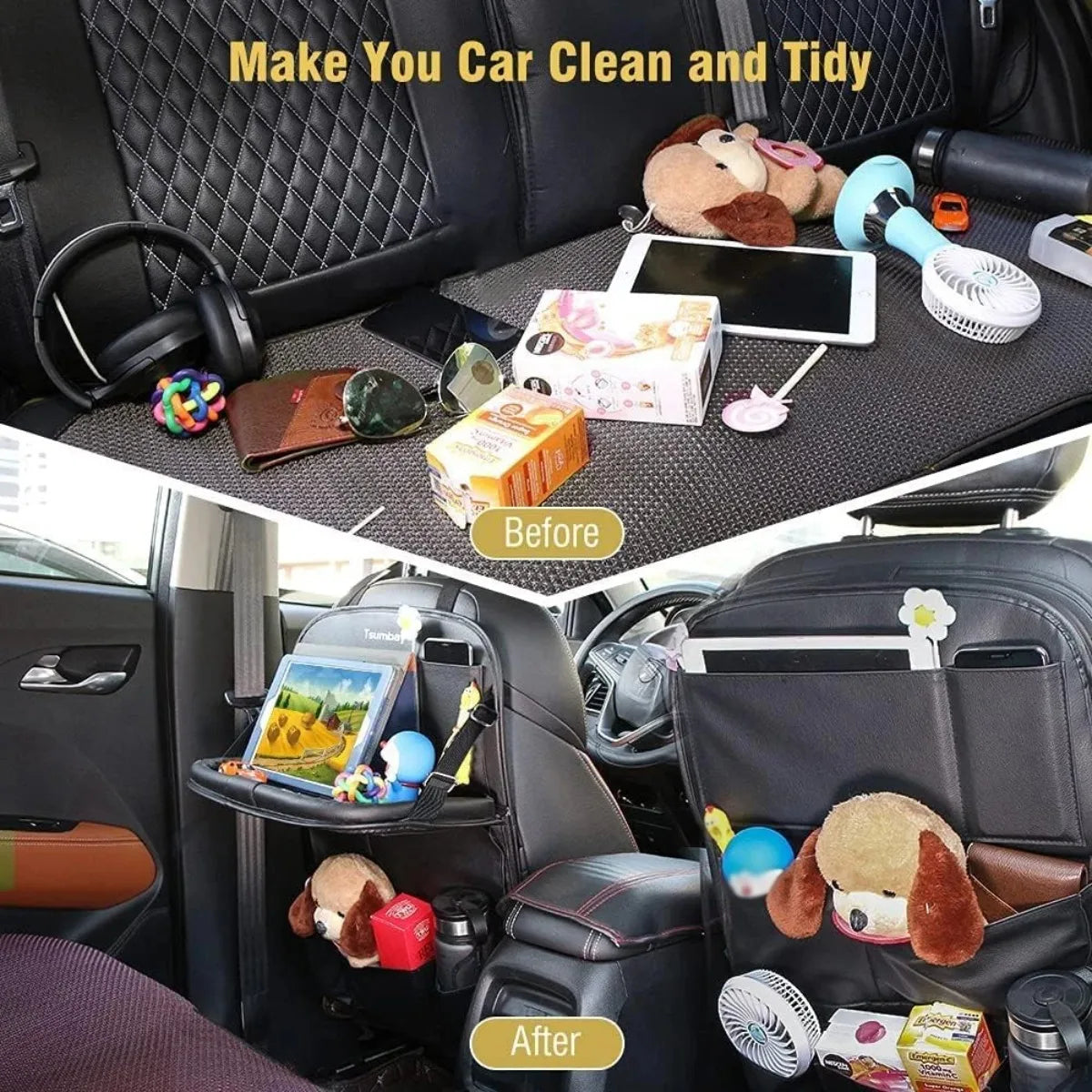 Car Back Seat Storage Holder Multi-Pocket Waterproof Organizer Large Capacit with Foldable Tray Cup/Tissue Holder Storage Pocket