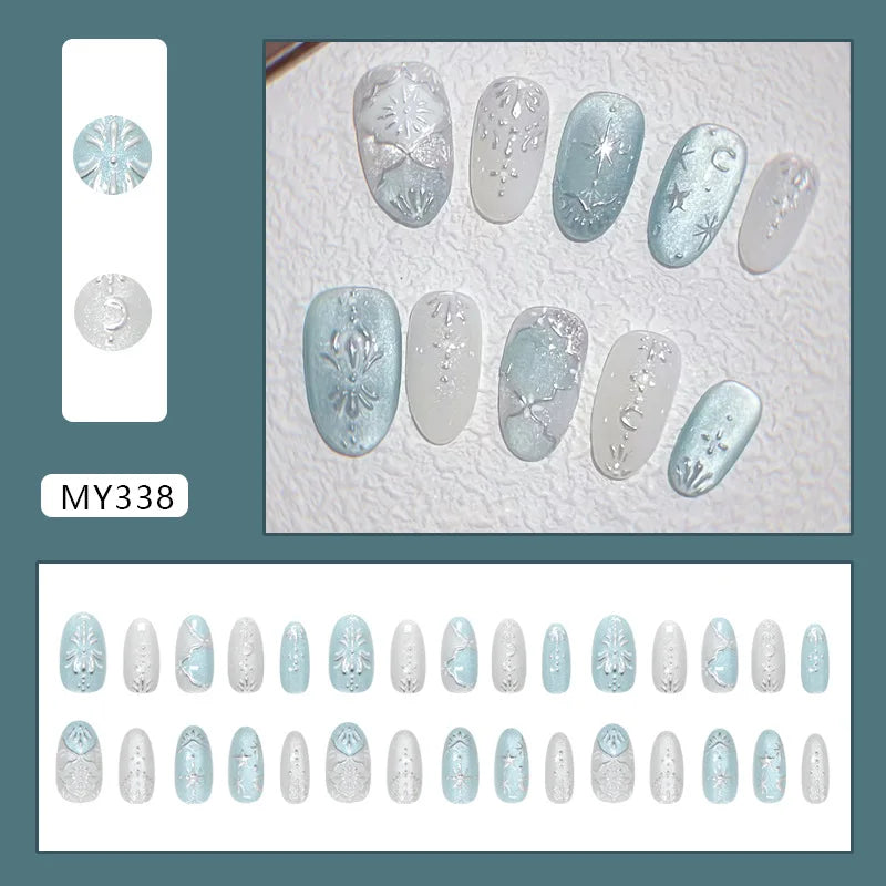 24pcs Romantic Y2k Star Press On Nails Gradient Blue French Style Gold Moon Designs Fake Nail Sweet Almond False Nails For Women