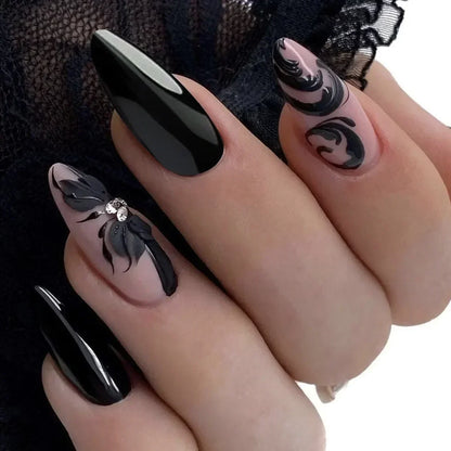 24Pcs Autumn Winter Matte Almond False Nails with Glue Rose Leaf Printing Nail Art Simple Full Cover Press on Acrylic Nails Tips
