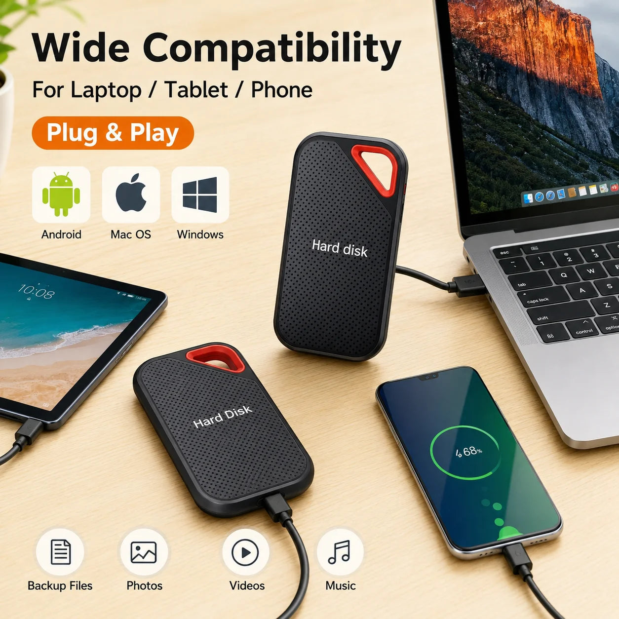 Light Pocket External Hard Drive1TB Hard Disk Storage Device Compatible SSD for MAC PC