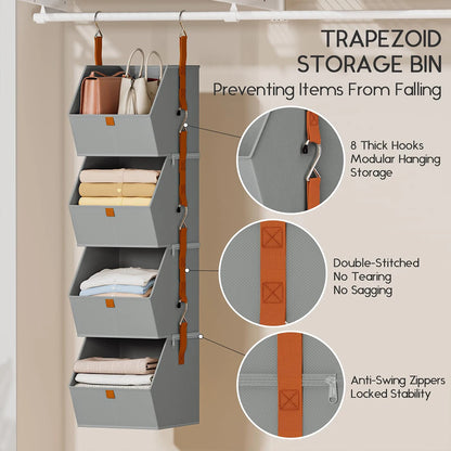 Hanging Closet Organizer 4 Tier - Clothes Hanging Shelves, Space-Saving Closet System, Storage Bins Bedroom Organization