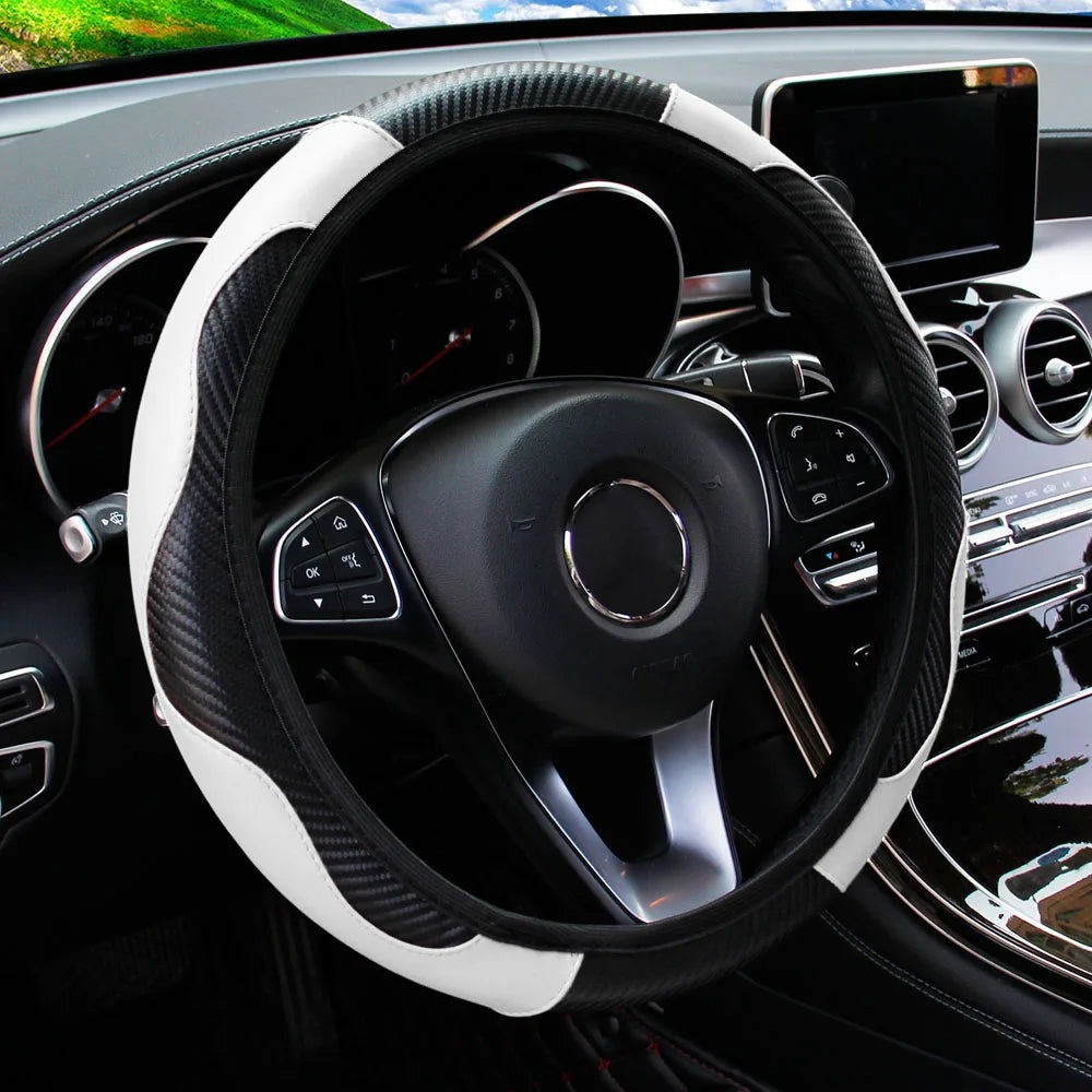 37-38cm Carbon Fiber Style PU Leather Steering Wheel Cover Universal Anti Slip Breathable for Car Interior Decoration