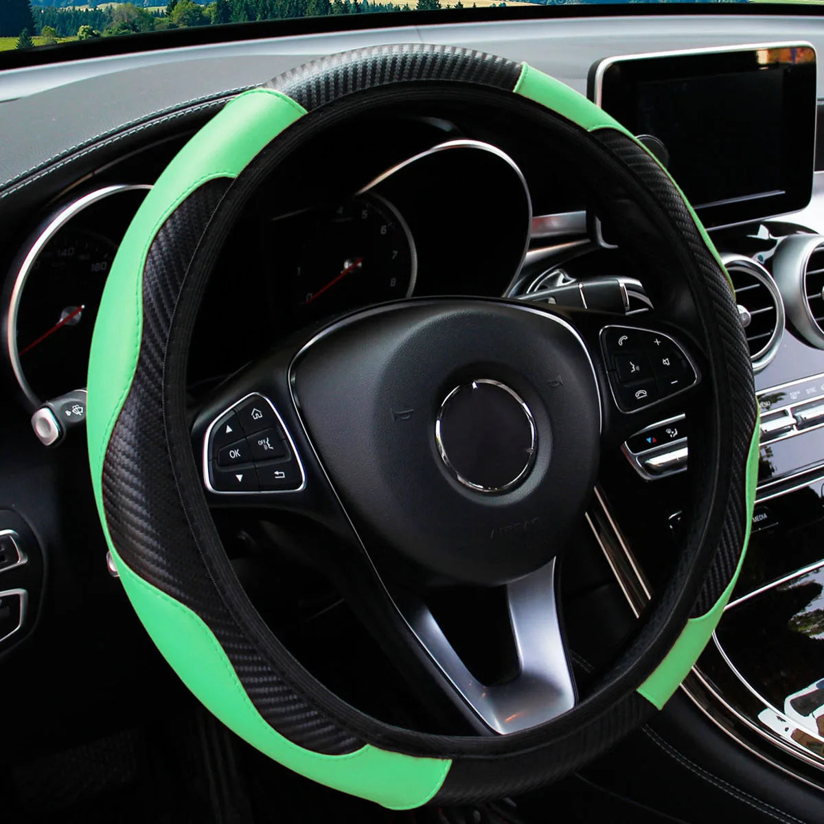 PU Carbon Fiber Leather Car Steering Wheel Cover – 14.5 to 15 Inch