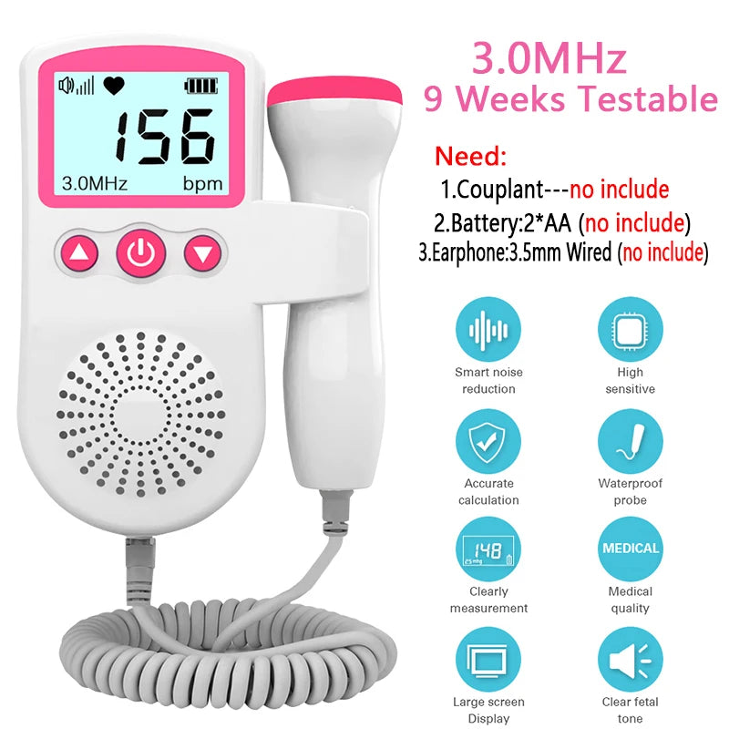 3.0 Fetal Doppler Hand-held Pocket Portable Sound Baby Heart Pregnancy Ultrasound Fetal Detector Machine Baby Heart Rate Monitor