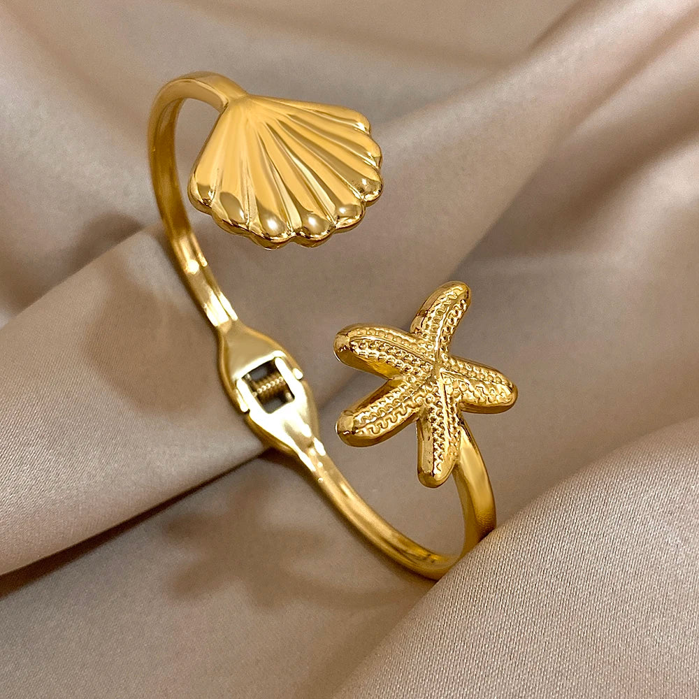 Greatera Stainless Steel Double Flower Cuff Bracelet – Gold Color Waterproof