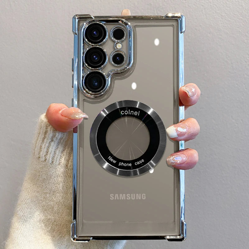 Luxury Plating Magnetic Wireless Charge Case For Samsung S26 S25 S24 Ultra S23 FE S22 Plus Note 20 Clear Lens Protection Cover