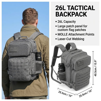 26L Tactical Travel Backpack for Men with Dual Cup Holders, MOLLE Outdoor Hiking Rucksack for Fitness Gym, Camping & Daily Commute