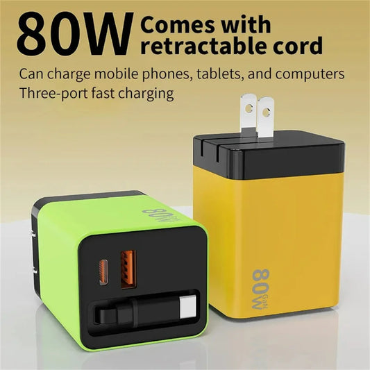 80W USB C Fast Charger with Retractable Type C Cable PD Charging for iPhone 17 16 15 Samsung Xiaomi iPad Phone Quick Charger