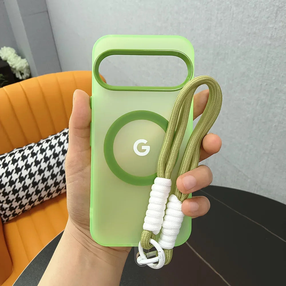 PC Magnetic Frosted Transparent Phone Case with Lanyard For Google Pixel 10 9 8 Pro XL 9a 8a For Magsafe Matte Translucent Cover