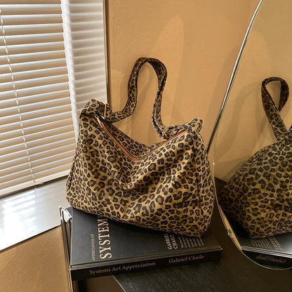 Trendy Casual Soft Textile Women's Shoulder Bag Large Capacity Leopard Print Female Retro Crossbody Bag For Commute Outings