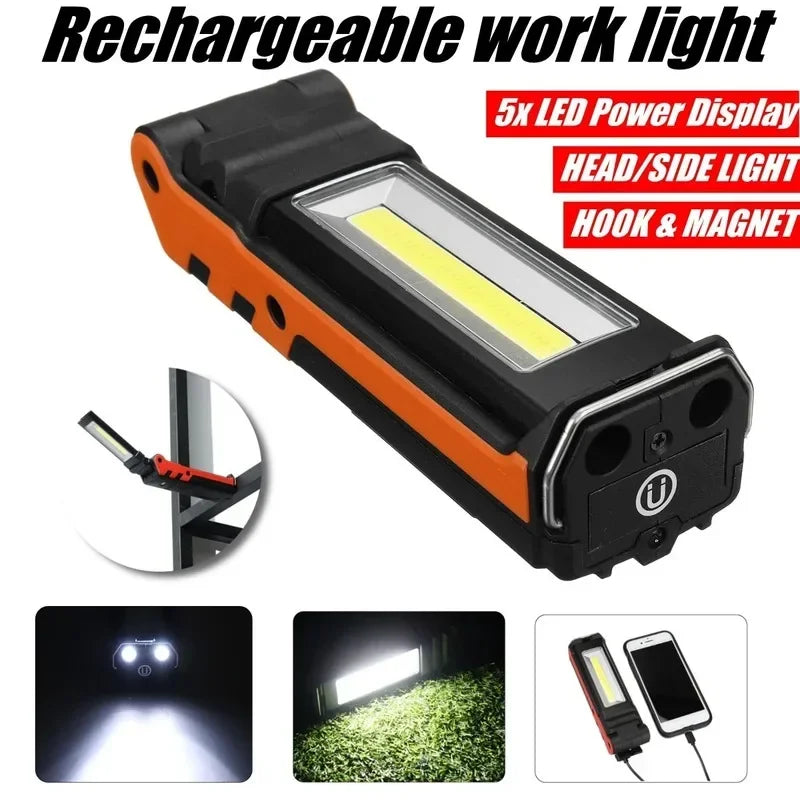 Dimmable COB LED Work Light USB Rechargeable Flashlight with Magnetic &Hook Power Bank Inspection Lamp  for Car Repair Camping