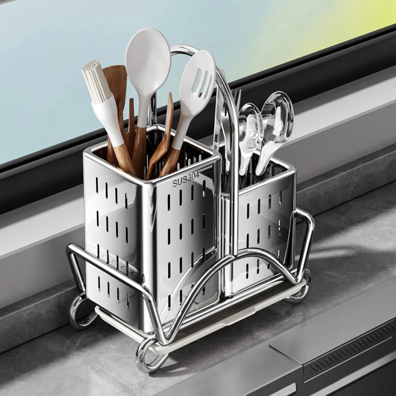 Kitchen Cutlery Organiser, Stainless Steel Utensil Holder for Spoon Fork Knife, Multifunctional Desktop Tableware Storage Rack