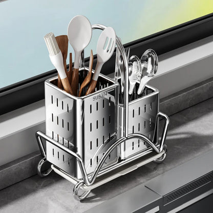 Kitchen Cutlery Organiser, Stainless Steel Utensil Holder for Spoon Fork Knife, Multifunctional Desktop Tableware Storage Rack