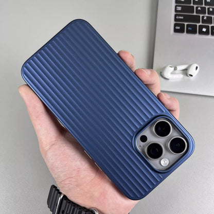 Natural Titanium Grating Stripe Pattern Phone Case for iPhone 16 14 15 13 Pro Max Plus Metal Button Shockproof Hard Armor Cover