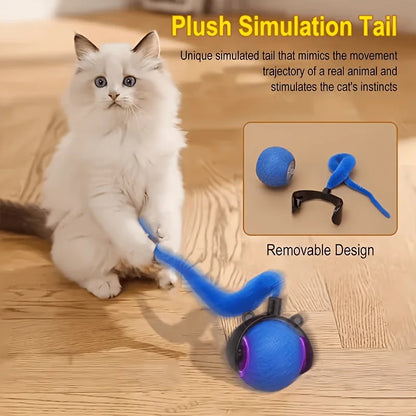 Cat Toy for Indoor Cats, Automatic Rolling Ball with LED Light & Realistic Tail, Self-Playing Motion Activated Cat Toys for Bore