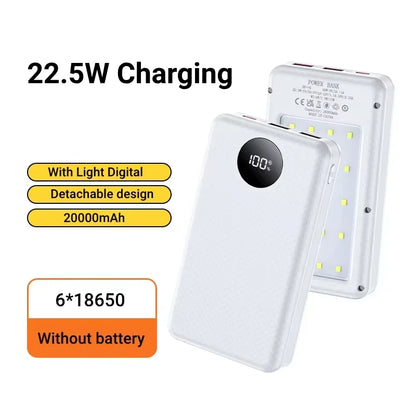 6*18650 20000mAh Power Bank Case 22.5W Fast Charging 15W Wireless Charging Mobile Power Bank Housing Battery Holder For Phone