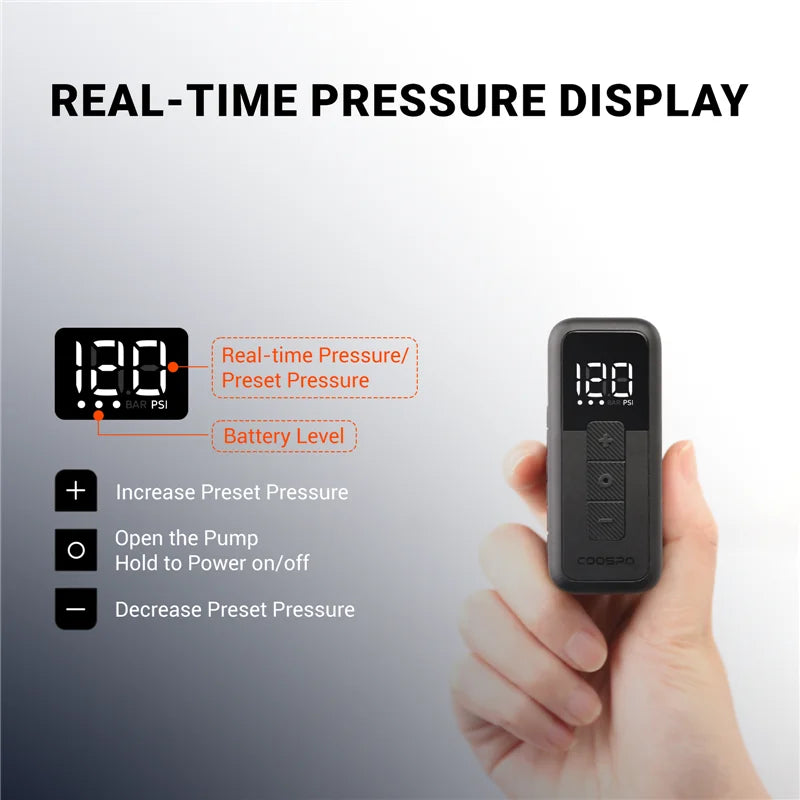 COOSPO X1 Mini Electric Bike Pump 120PSI 500mAh Portable Rechargeable MTB Bike Air Digital Inflator Schrader Presta Tire Valve