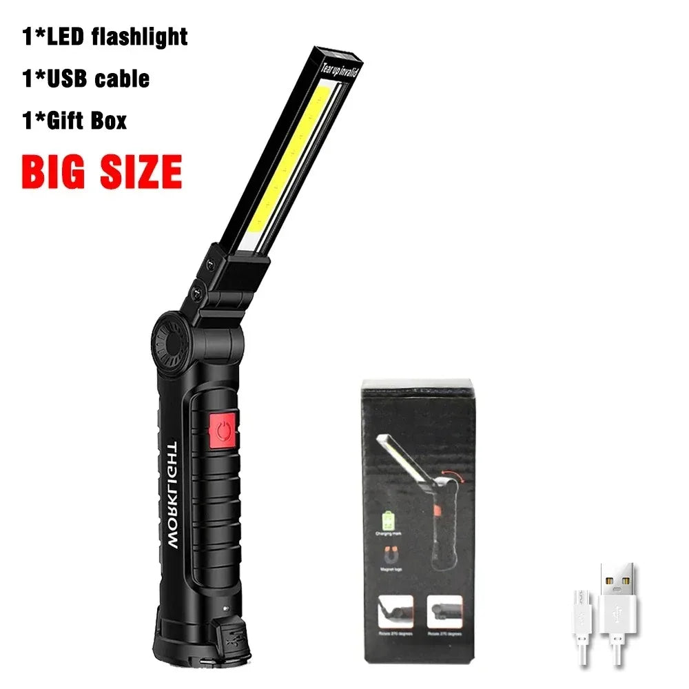 COB LED Work Light USB Rechargeable Magnetic Flashlight Super Bright Folding Lantern for Camping Emergency Car Repair with Hook
