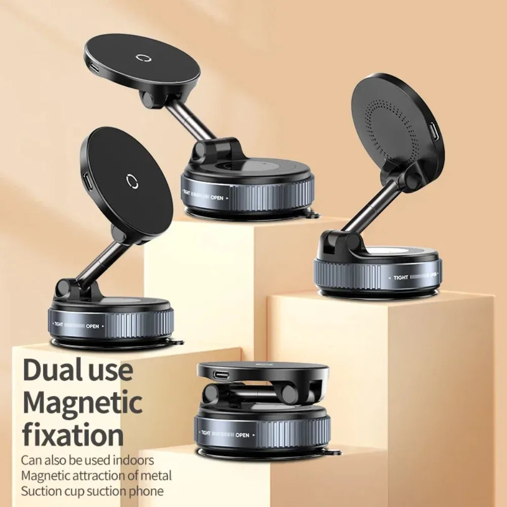 Car Magnetic Wireless Charger Phone Holder & 360° Rotation Vacuum Suction Cup Stand For iPhone 16 15 14 13 12 Fast Charging Dock