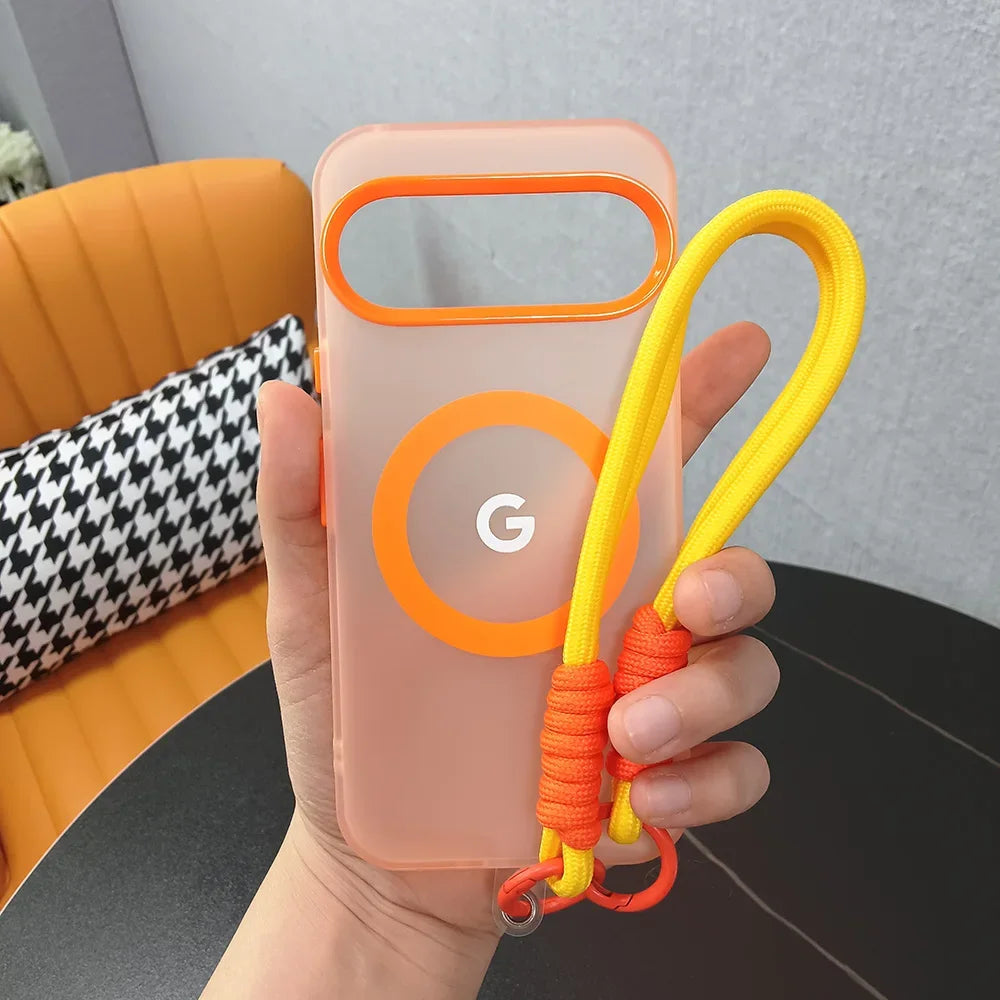 PC Magnetic Frosted Transparent Phone Case with Lanyard For Google Pixel 10 9 8 Pro XL 9a 8a For Magsafe Matte Translucent Cover