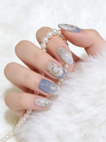 Y2K Romantic Star Gold Moon Sweet Almond Press On Nails 24Pcs Gradient Blue French Self Adhesive Reusable False Nails For Girls Women Daily Nail Art Accessory