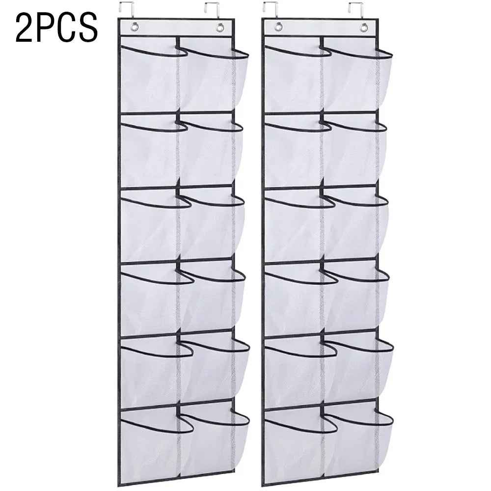 12 Pockets Over the Door Shoe Organizer Large Mesh Pockets With 2 Hooks Transparent Fabric Shoe Rack Storage Bag For Bedroom