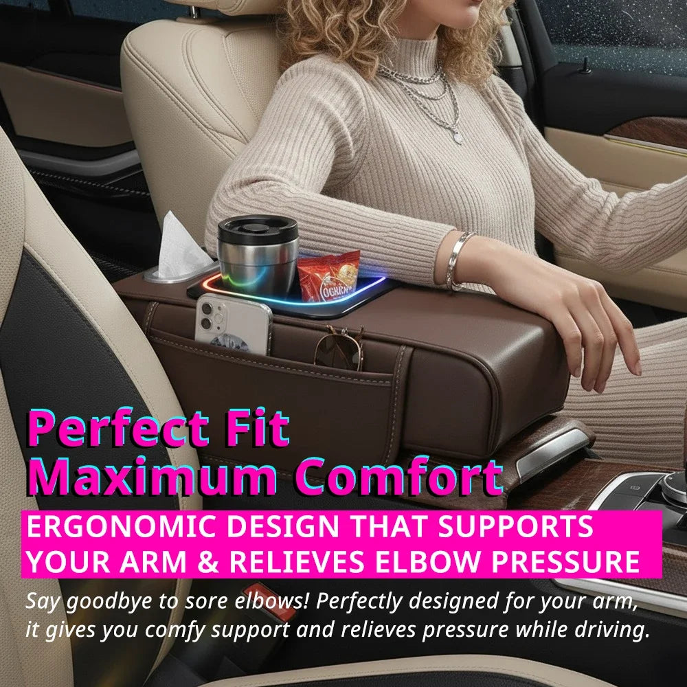 Car Armrest Cushion Center Console Storage Organizers Seat Cover Cup Holder Tissue Box Phone Slot Fast Charger Ambient LED Light