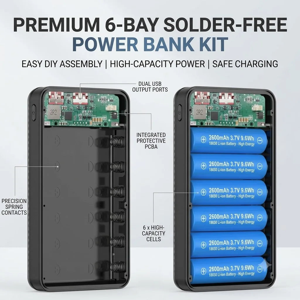 6×18650 Battery Storage Box DIY Power Bank Shell Dual USB-C Output Portable Charging Holder Built-in Camp Light for Mobile Phone