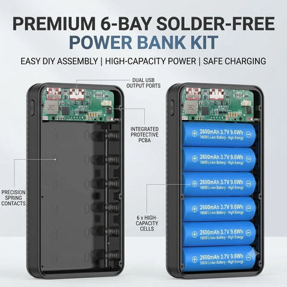 6×18650 Battery Storage Box DIY Power Bank Shell Dual USB-C Output Portable Charging Holder Built-in Camp Light for Mobile Phone