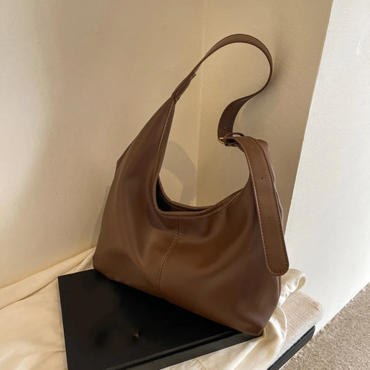 Women Hobo Bag Simple PU Leather Solid Shoulder Bag Fashion Large Capacity Tote Handbag Slouchy Underarm Bag