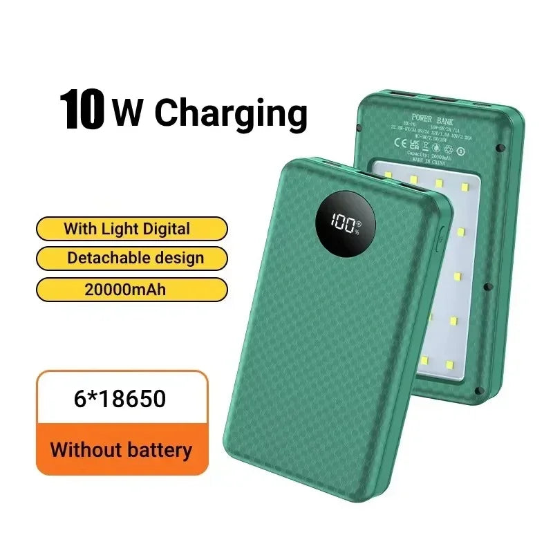 KEBIDUMEI 18650 Battery Power Bank 22.5W+15W Fast Charging Box Dual USB Type C Charging Shell With Camping Light For Phone