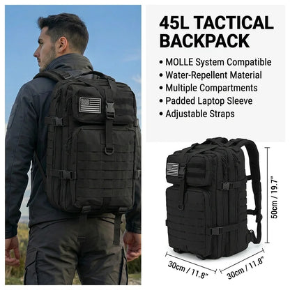 Men 45L Tactical Hiking Backpack Molle Mountaineering Water Resistant Outdoor Camping Trekking Backpacking Bushcraft Travel Rucksack Bug Out Bag Survival Emergency Large Capacity Climbing Cycling Daypack Women Durable Wear Re