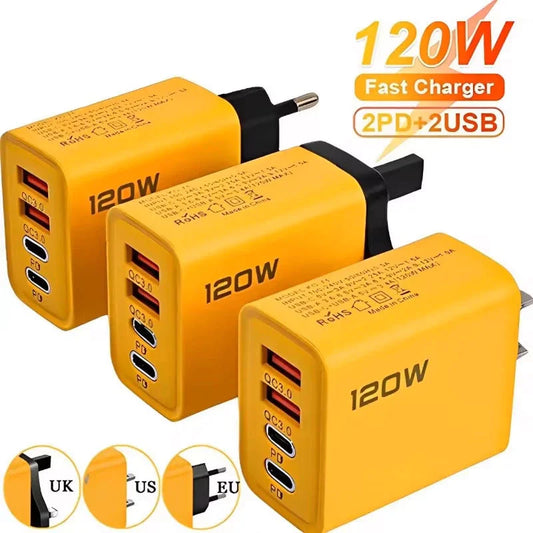 4 Ports USB C PD Charger Quick Charge 3.0 Type C USB Phone Chargers Fast Charging Adapter For iPhone 16 15 Samsung Xiaomi Huawei