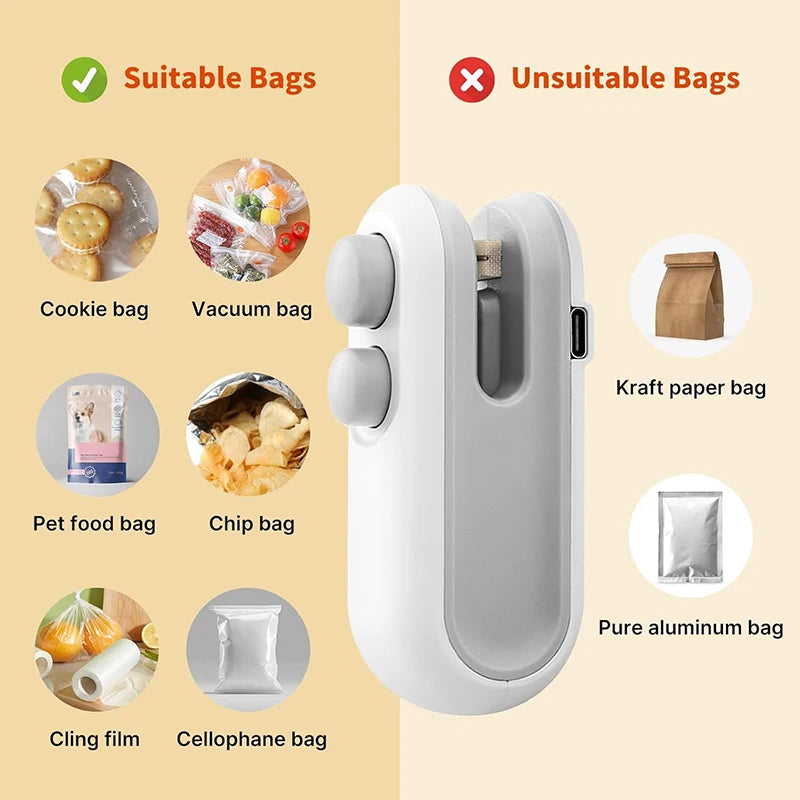 1 pcs Mini Handheld Bag Sealer, Locks in Freshness for Chips, Nuts. 10x6x4cm, Cordless