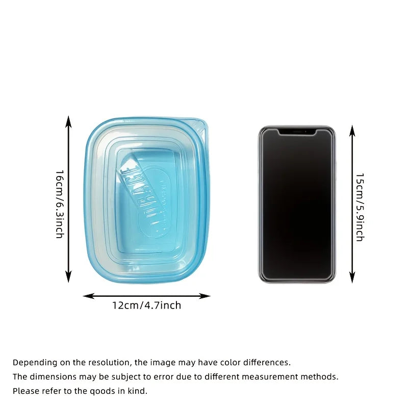 A Set of 6 Transparent Stackable Plastic Food Storage Containers with Blue Lids and Measurement Markings—Reusable, Dishwasher Sa