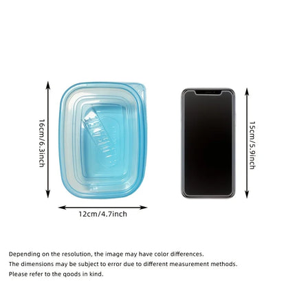 A Set of 6 Transparent Stackable Plastic Food Storage Containers with Blue Lids and Measurement Markings—Reusable, Dishwasher Sa